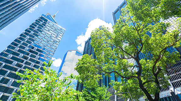 A  group of tall buildings with trees