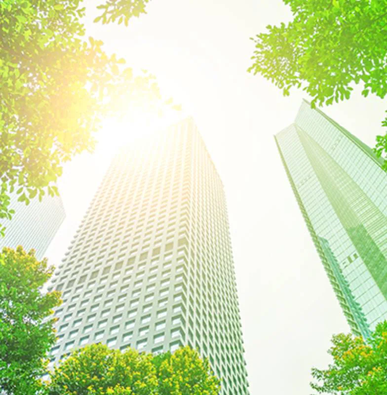 Looking up view of tall buildings with trees and sun shining through them.