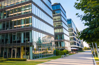 Glass building with greenery campus